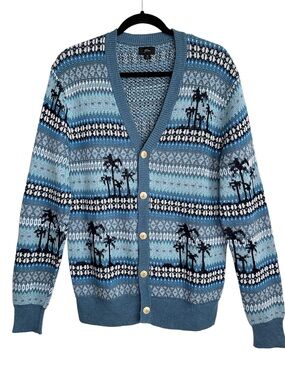 J. CREW Palm Tree Fair Isle Cardigan Blue Linen Cotton Coastal Beach Knit Size M